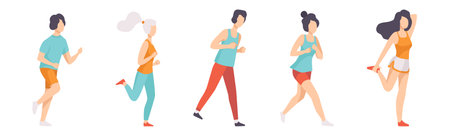 Man and Woman Run Marathon Engaged in Competition Vector Setのイラスト素材