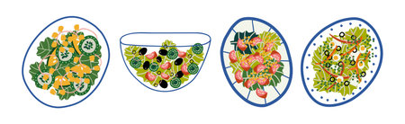 Fresh Tasty Salad in Plate and Bowl with Vegetables Vector Setのイラスト素材