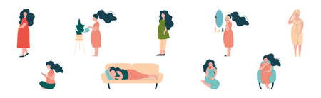 Pregnant Woman Character Engaged in Different Activity Vector Setのイラスト素材