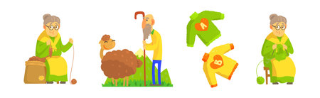 Knitwear with Woman Knit Sweater and Man Grazing Sheep Vector Setのイラスト素材