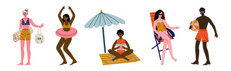 People Character on Beach in Summer Enjoy Outdoor Activity Vector Setのイラスト素材