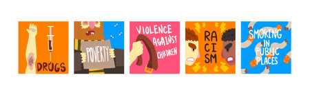 Social Problems Banner with Demonstration Picture Vector Set