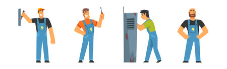 Man Electrician Character Provide Service Fixing Light Vector Setのイラスト素材