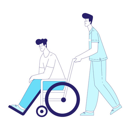 Medicine with Man Doctor Pull Wheelchair with Patient Vector Illustrationのイラスト素材