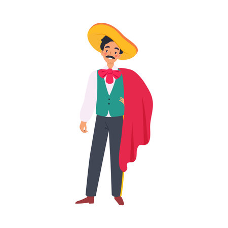 Mexican Man Character in Traditional Clothes and Sombrero Hat Standing Vector Illustrationのイラスト素材