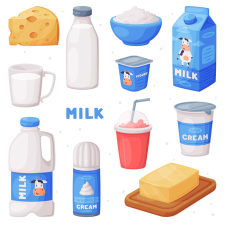 Milk and Dairy Food and Product Item Vector Setのイラスト素材