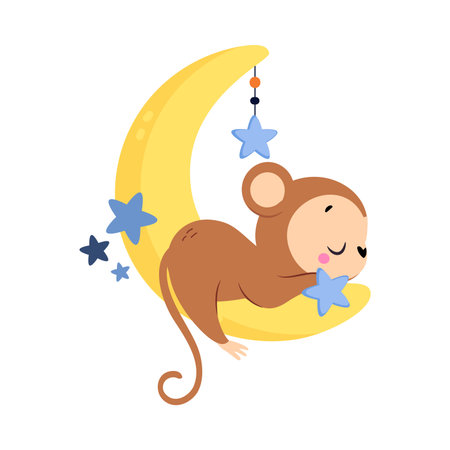 Moon with Monkey Animal Sleeping Have Sweet Dreams Vector Illustrationのイラスト素材