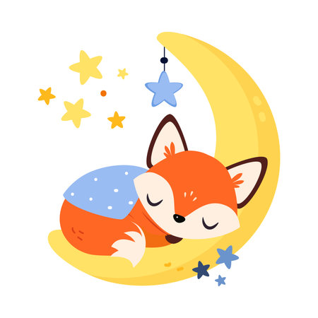 Moon with Fox Animal Sleeping Have Sweet Dreams Vector Illustrationのイラスト素材