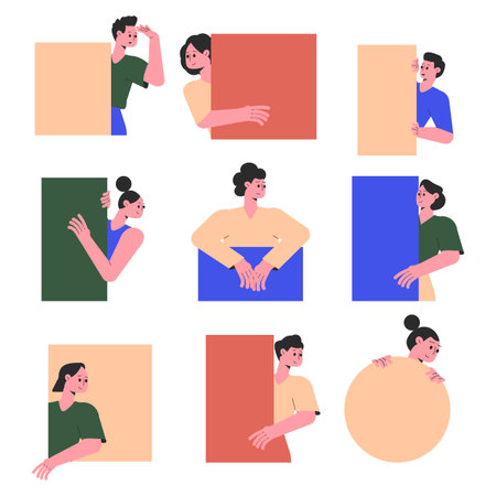 People Character Peeking from Different Shape and Figure Vector Setのイラスト素材