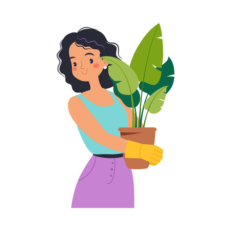 Woman Character Enjoy Plant Cultivation and Gardening Vector Illustrationのイラスト素材