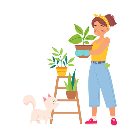 Woman Character Enjoy Plant Cultivation and Gardening Vector Illustrationのイラスト素材
