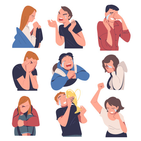 People Character Crying from Grief and Happiness Vector Setのイラスト素材
