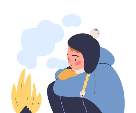 Freezing Woman Character Wearing Warm Clothes Trembling Feeling Cold at Fire Vector Illustrationのイラスト素材