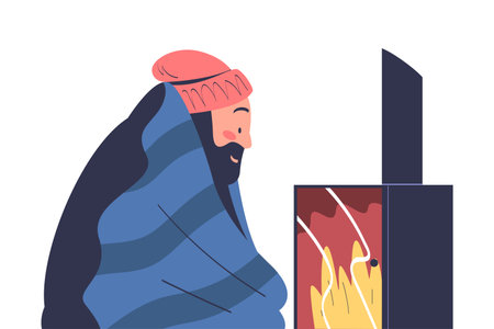 Freezing Man Character Wearing Warm Clothes Sit at Fireplace Trembling Feeling Cold Vector Illustrationのイラスト素材