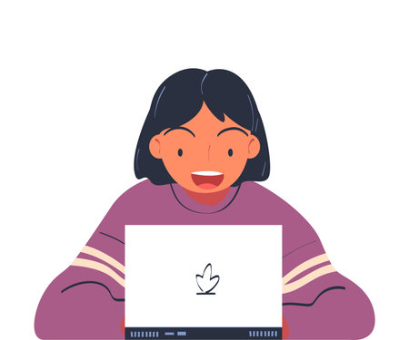 Happy Woman Look at Something on Laptop Screen Vector Illustrationのイラスト素材