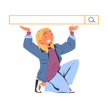 Woman Character Looking for Information in Search Field Bar Vector Illustrationのイラスト素材