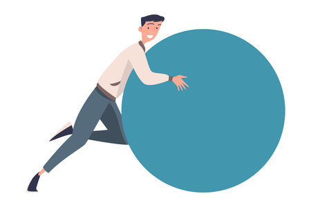 Man Character Pushing Figure and Big Shape Vector Illustrationのイラスト素材