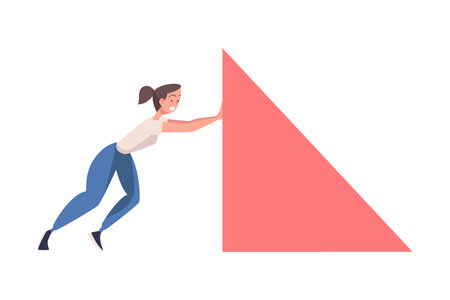 Woman Character Pushing Figure and Big Shape Vector Illustrationのイラスト素材