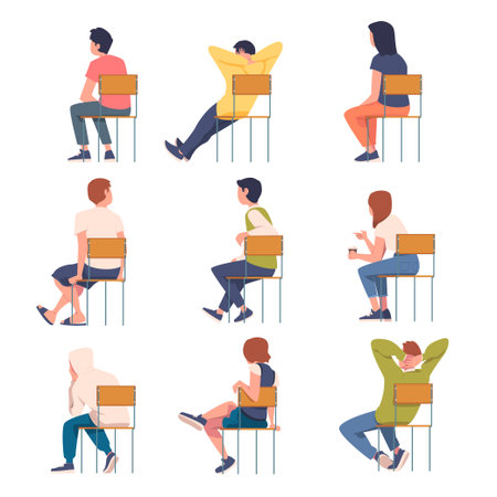 Man and Woman Sitting on Chair with His Back Vector Illustration Setのイラスト素材