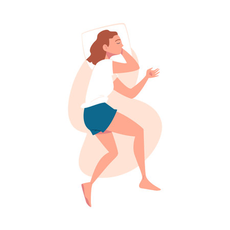 Sleeping Woman Character Lying in Pose with Pillow Vector Illustrationのイラスト素材