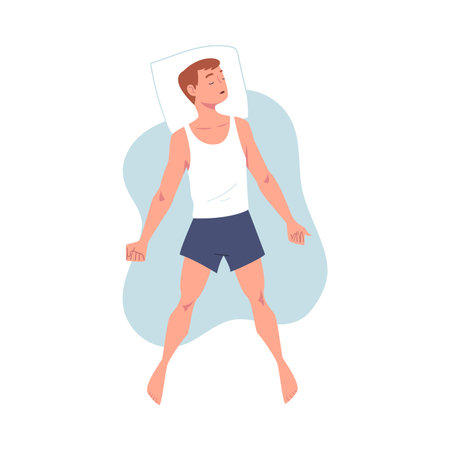 Sleeping Man Character Lying in Pose with Pillow Vector Illustrationのイラスト素材