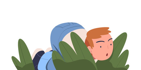 Man Character Spying, Observing and Sneaking Looking and Peeping Out Bush Vector Illustrationのイラスト素材