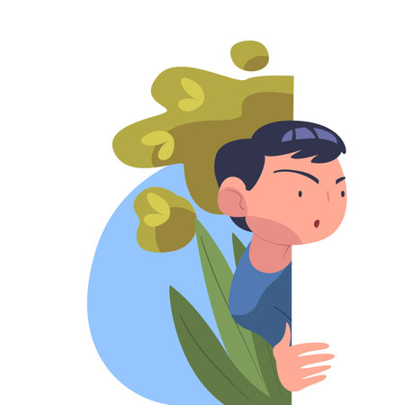 Man Character Spying, Observing and Sneaking Looking and Peeping Out Corner Vector Illustrationのイラスト素材