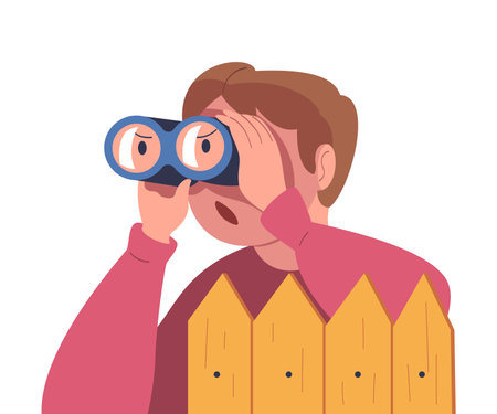 Man Character Spying, Observing and Sneaking Looking and Peeping Out Fence with Binocular Vector Illustrationのイラスト素材