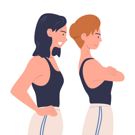 Woman Character Standing Look Aside as Opposition to Somebody Vector Illustrationのイラスト素材