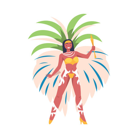 Woman Dancer at Brazilian Carnival Dressed in Colorful Feather Outfit Dancing Vector Illustrationのイラスト素材
