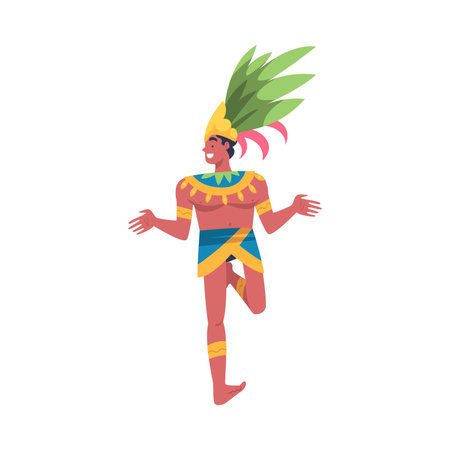 Man Dancer at Brazilian Carnival Dressed in Colorful Feather Outfit Dancing Vector Illustrationのイラスト素材