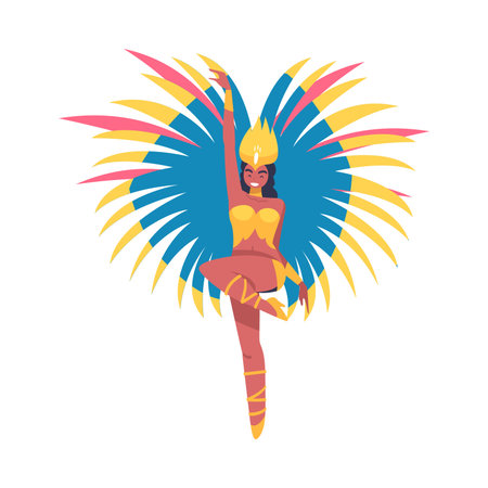 Woman Dancer at Brazilian Carnival Dressed in Colorful Feather Outfit Dancing Vector Illustrationのイラスト素材