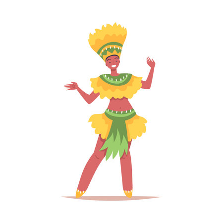 Man Dancer at Brazilian Carnival Dressed in Colorful Feather Outfit Dancing Vector Illustrationのイラスト素材