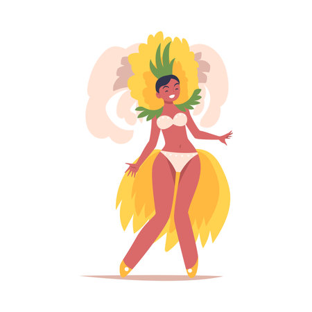 Woman Dancer at Brazilian Carnival Dressed in Colorful Feather Outfit Dancing Vector Illustrationのイラスト素材