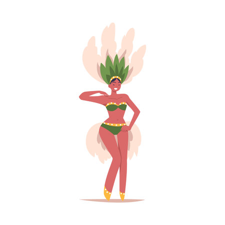 Woman Dancer at Brazilian Carnival Dressed in Colorful Feather Outfit Dancing Vector Illustrationのイラスト素材