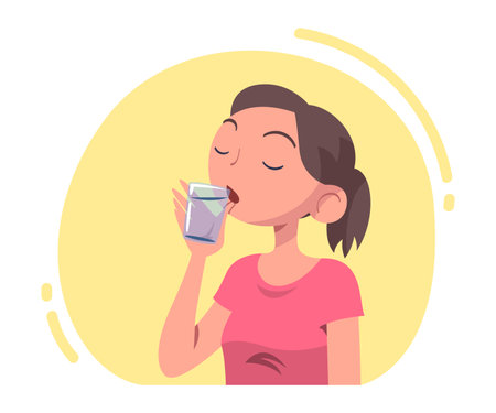 Woman Drinking Water Hydrate and Quench Thirst Vector Illustrationのイラスト素材