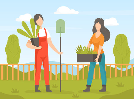 Garden with Man and Woman Character Working in the Yard Vector Illustrationのイラスト素材