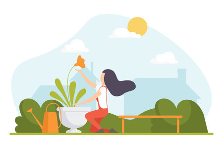 Garden with Woman Character Working in the Yard Vector Illustrationのイラスト素材
