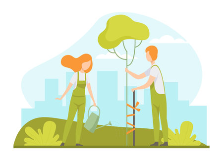 Garden with Man and Woman Character Working in the Yard Vector Illustrationのイラスト素材