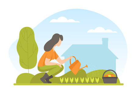 Garden with Woman Character Working in the Yard Vector Illustrationのイラスト素材