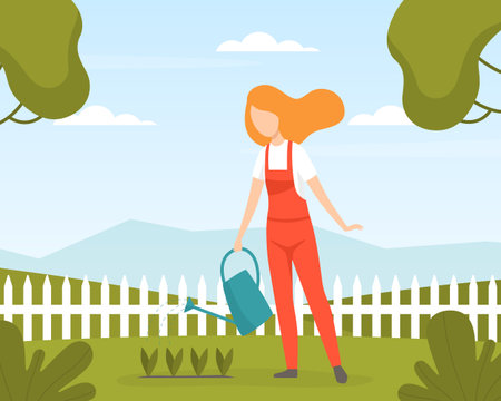 Garden with Woman Character Working in the Yard Vector Illustrationのイラスト素材