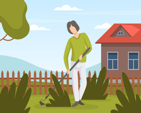 Garden with Man Character Working in the Yard Vector Illustrationのイラスト素材