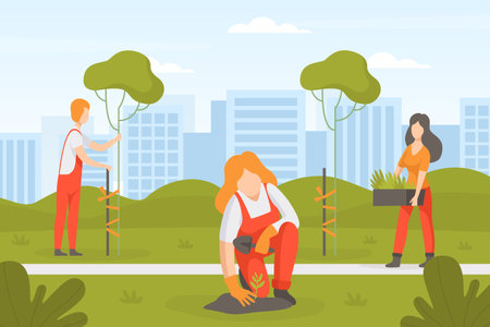 Garden with Man and Woman Character Working in the Yard Plant Tree in Park Vector Illustrationのイラスト素材