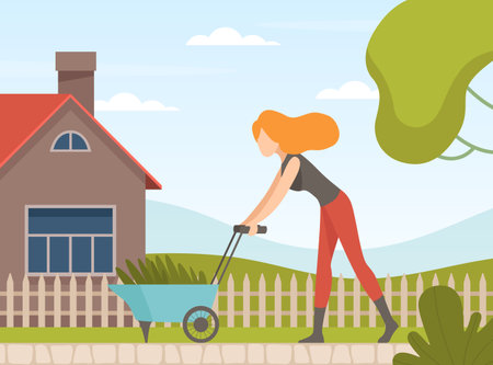 Garden with Woman Character Working in the Yard Vector Illustrationのイラスト素材