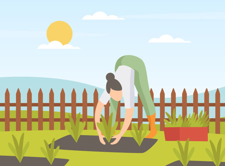 Garden with Woman Character Working in the Yard Vector Illustrationのイラスト素材