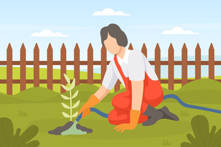 Garden with Man Character Working in the Yard Vector Illustrationのイラスト素材