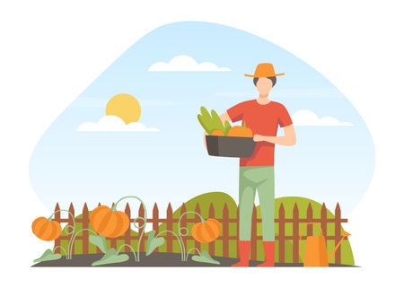 Garden with Man Character Working in the Yard Vector Illustrationのイラスト素材