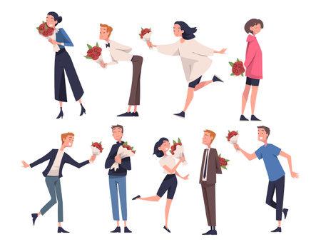 Man and Woman Giving and Receive Flower Bouquet Vector Setのイラスト素材