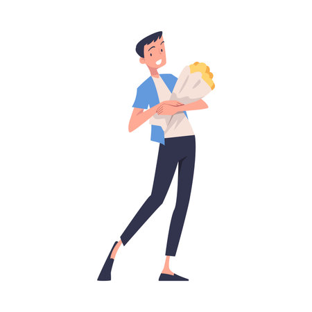 Man Character Receive Flower Bouquet Standing and Smiling Vector Illustrationのイラスト素材