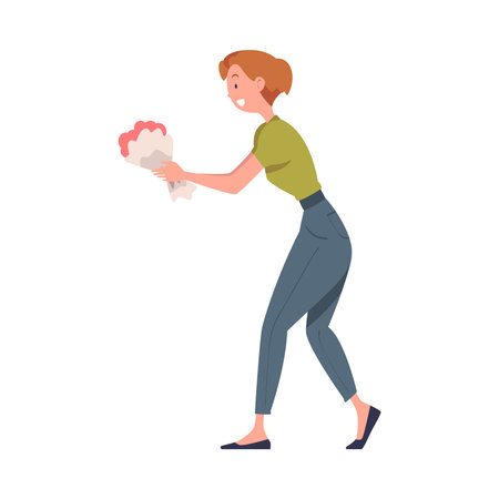 Woman Giving Flower Bouquet Standing and Reach Hand Vector Illustrationのイラスト素材